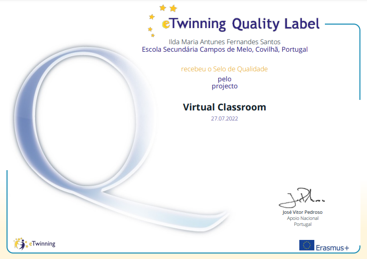 Selo de qualidade Etwinning com o projeto Erasmus+ Virtual Classroom