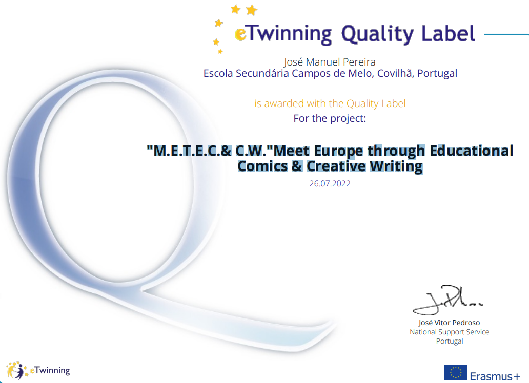 Selo de qualidade Etwinning com o projeto Erasmus+ 